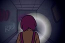 An animated person going down a dark hallway with only a flashlight.