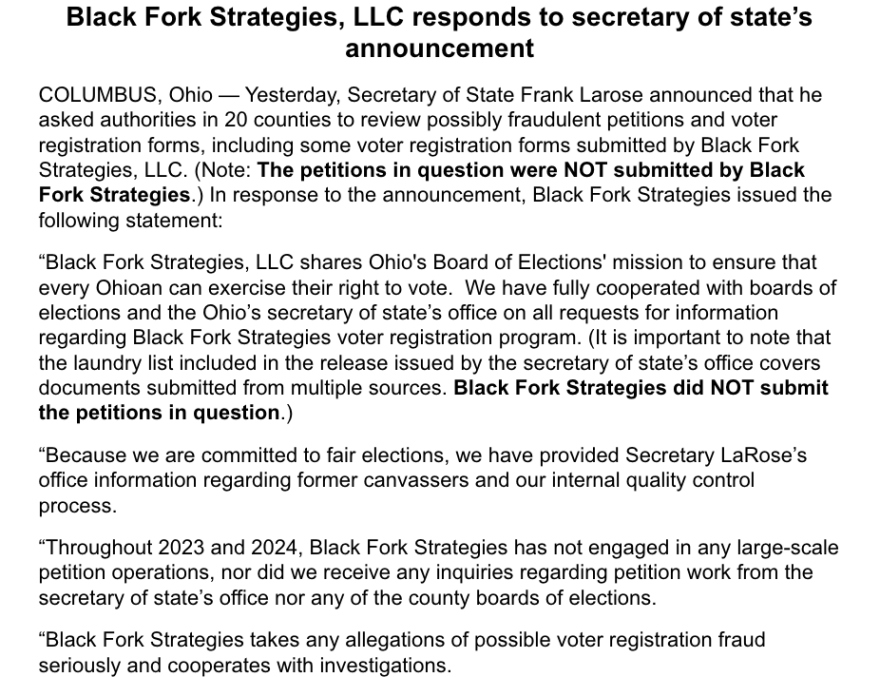 Statement from Black Fork Strategies LLC