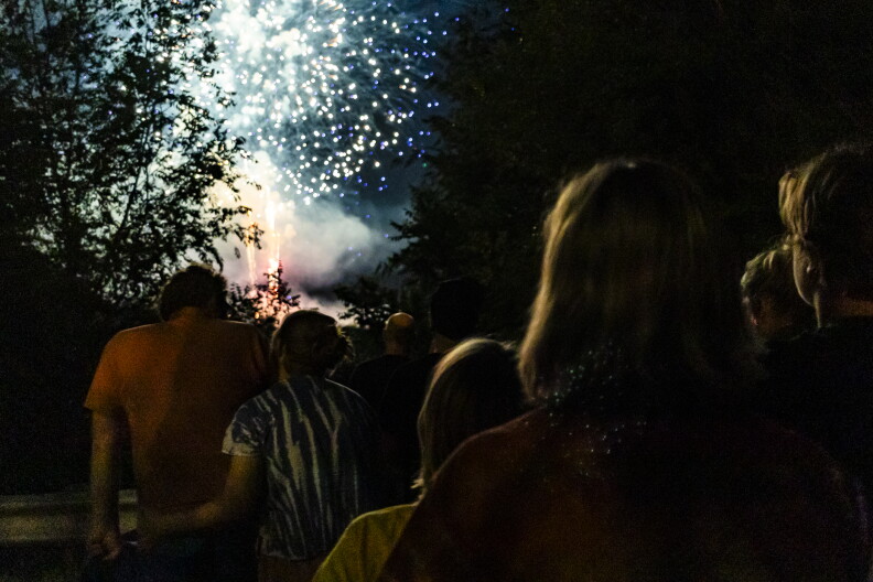  A group of people silhouetted while watching fireworks explode in the night sky.