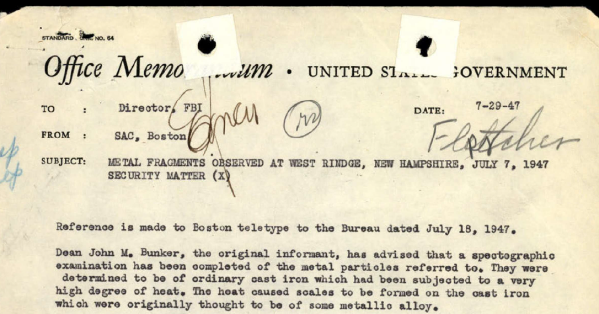 Declassified Pentagon UFO files detail mysterious 1947 incident in West Rindge