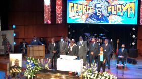 Members of George Floyd's family, including his brother Philonise Floyd (center), speak during a memorial service Thursday at North Central University's Frank J. Lindquist Sanctuary in Minneapolis.