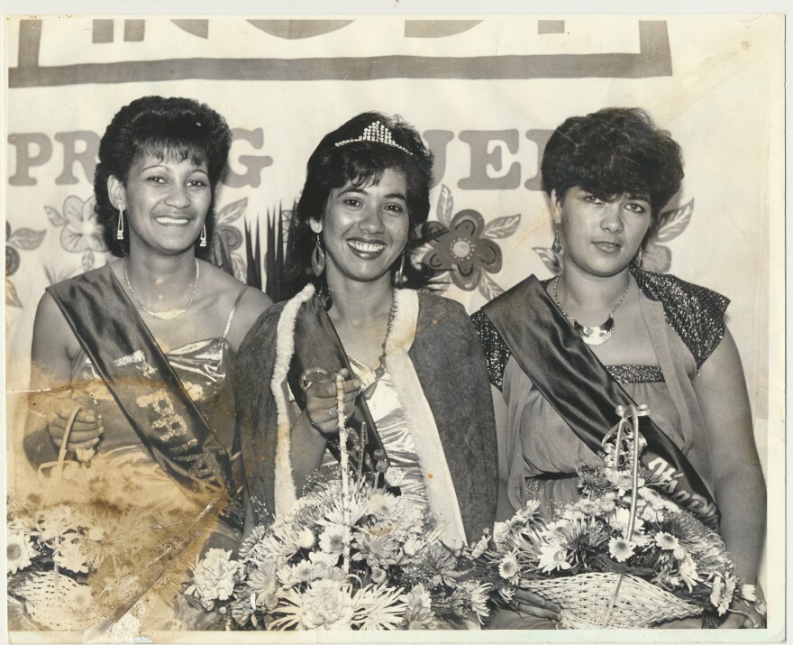 Chedino's aunt, Sharon (middle), poses with runners-up Crystal (left) and Michelle (right) after winning a local chapter of the Spring Queen beauty pageant. The competition, which is one of the oldest and largest pageants in South Africa, was established by the Southern African Clothing and Textiles Workers' Union as a means of supporting the 1973 Durban strikes and the 1976 Soweto uprising.