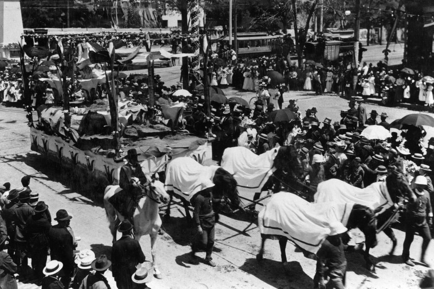 The sego lily was featured prominently in this parade float from July 24, 1897, the semi-centennial of the Latter-day Saints’ arrival in Salt Lake Valley.