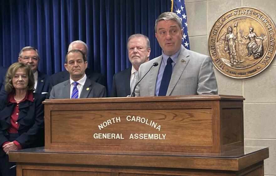 FILE - North Carolina state Sen. Warren Daniel, R-Burke, speaks at a Legislative Building news conference on Monday, June 12, 2023, in Raleigh, N.C. The North Carolina Senate approved on Wednesday, June 21, a pair of election and voting-related bills that include the latest attempts by Republicans to enact legislation that Democratic Gov. Roy Cooper vetoed in past years and to remove his control over the State Board of Elections. “Requiring all ballots to be in on Election Day increases confidence and transparency in our elections,” said Daniel, a co-sponsor of both bills.