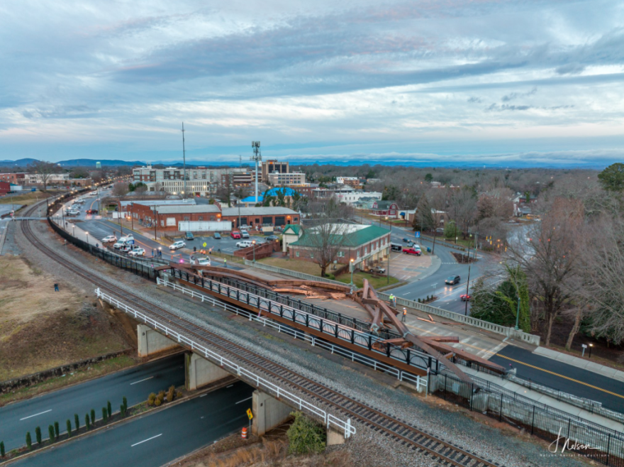 The now-collapsed wooden arches over the Rudy Wright Bridge in Hickory, North Carolina.