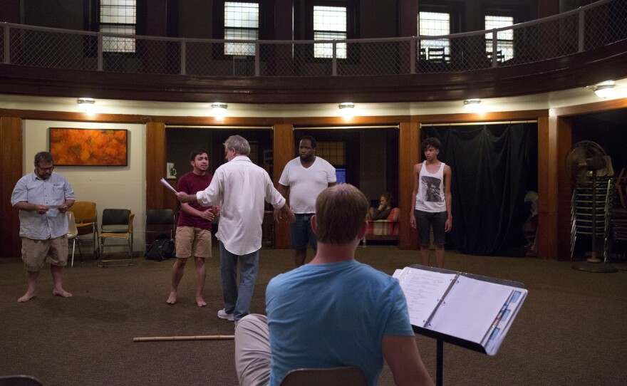 Younes rehearses a scene for <em>The Tempest</em> with his castmates at St. Mark's Evangelical Church in Baltimore.
