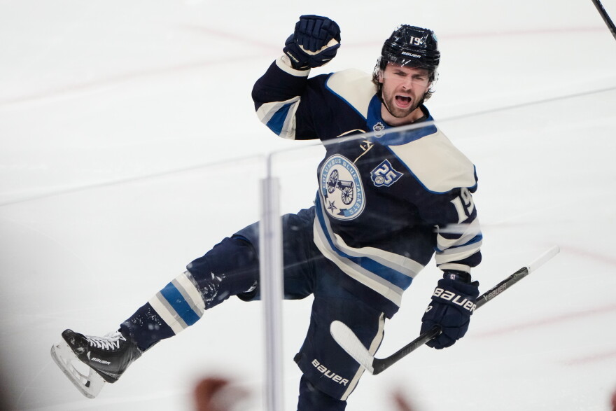 FILE - Columbus Blue Jackets center Adam Fantilli (19) celebrates a goal in the third period of an NHL hockey game against the Carolina Hurricanes in Columbus, March 31, 2026.