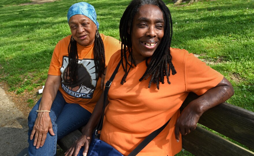 In Philadelphia's Clark Park, MOVE members Pam Africa (left) and Ramona Africa.