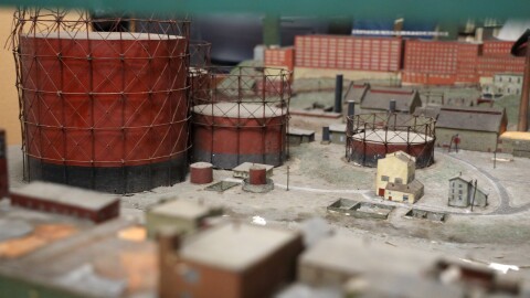 A decades-old, large-scale diorama of the Genesee River gorge depicts the operations of Rochester Gas & Electric, Bausch + Lomb, and other businesses such as Upton Cold Storage in the early 1900s.