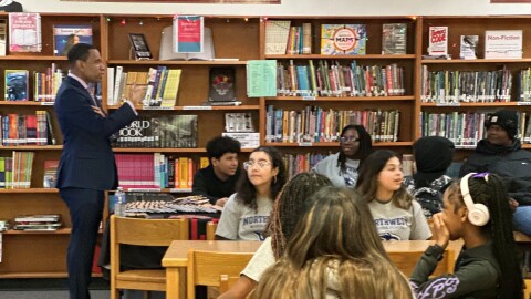 Middle school students at the Douglass Campus in northeast Rochester gather for a presentation by Mayor Malik Evans during a Career Day event on Thursday.