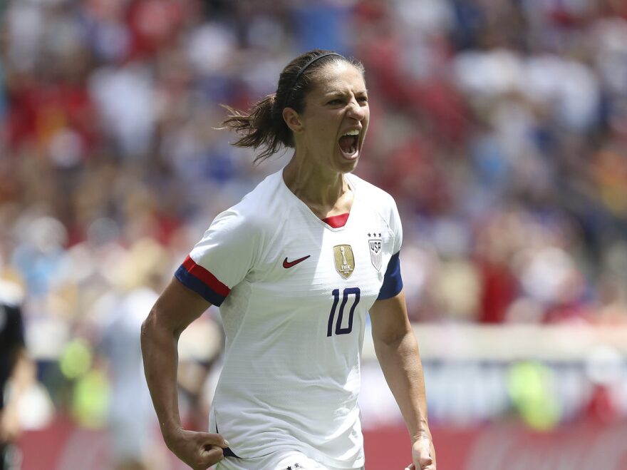 The U.S. plays its first match of the 2019 FIFA Women's World Cup on Tuesday against Thailand in Reims, France. U.S. forward Carli Lloyd is seen here celebrating after scoring a goal against Mexico last month in Harrison, N.J.