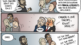 In the top panel, a candidate labeled "El-Sayed" asks a group labeled "Michigan Voters," "WHAT ARE YOUR CONCERNS ABOUT THIS SENATE RACE?" A voter replies, "WELL, HONESTLY, WE'RE UNCOMFORTABLE WITH ANY ASSOCIATION WITH RADICAL EXTREMISTS AND THEIR POTENTIAL INFLUENCE." In the middle panel, Donald Trump asks Mike Rogers, "CANADA IS OUR ENEMY, RIGHT MIKE?!" as the voters look on nervously. In the bottom panel, El-Sayed says, "SAME," while off-panel, someone yells, "LET 'EM TAKE OUT ANN ARBOR! LET 'EM TAKE OUT DETROIT!"
