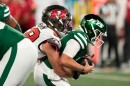  Buccaneers linebacker Jack Pyburn, left, sacks New York Jets quarterback Bailey Zappe during the second half of a preseason game, Friday, Aug. 14, 2026, in East Rutherford, N.J.  