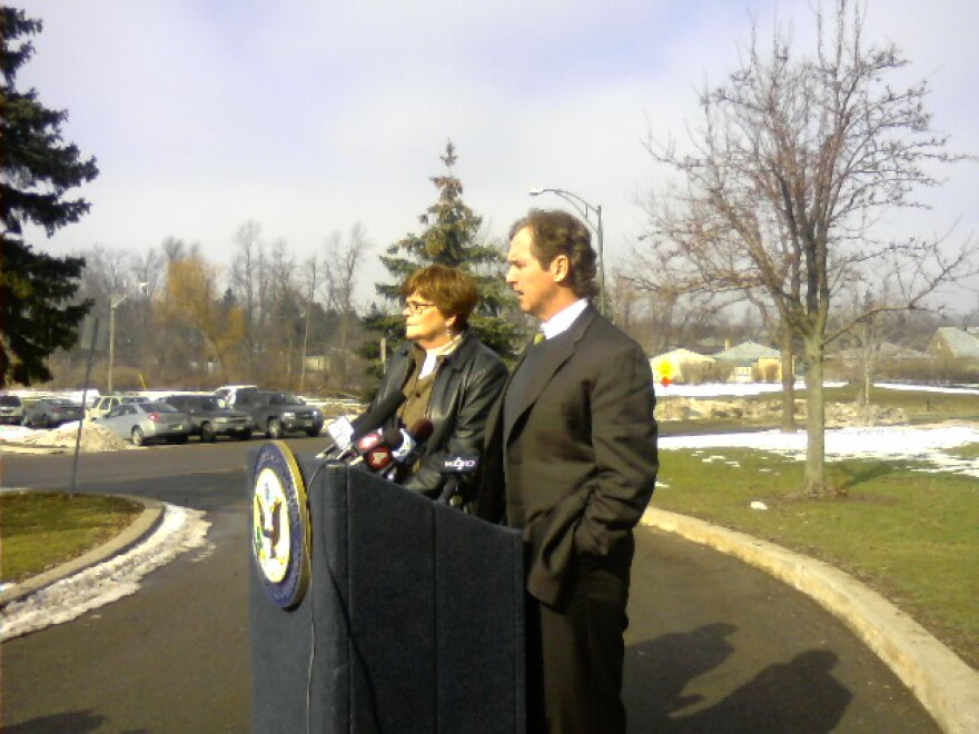 WNY Congressman Brian Higgins with Cheektowaga Supervisor Mary Holtz talking about the economic stimulus