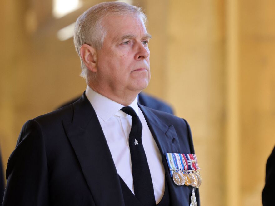 Britain's Prince Andrew, Duke of York, attends the ceremonial funeral procession of Britain's Prince Philip, Duke of Edinburgh, to St George's Chapel in Windsor Castle on April 17, 2021.