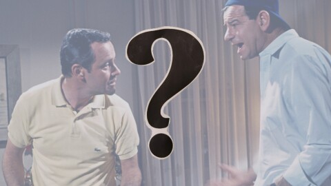 Scene from "The Odd Couple" of Felix and Oscar arguing; a question mark in the foreground