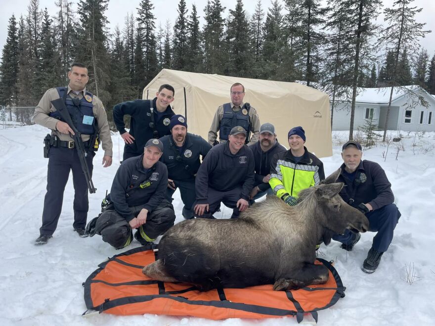 Responders posing with the moose.