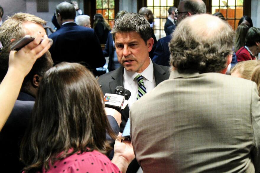 Senate President Pro Tem Rodric Bray (R-Martinsville) speaks with reporters at the end of the 2020 legislative session.