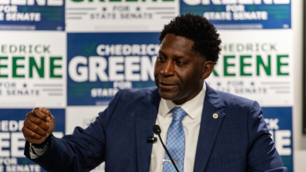 Chedrick Greene speaks at his election night party on May 5, 2026, after winning a special election to represent the state's 35th Senate District.