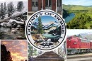 A seal of Boise County is at the center of the image, with a collage of pictures depicting sites from the area, including a log cabin, the county courthouse, a snowy river, a sunset sky, an bird's eye view of the Payette River and a historical red train