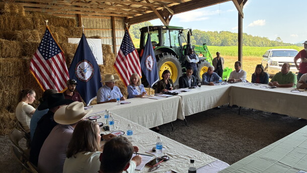 Virginia Gov. Abigail Spanberger (center left) and Katie Frazier, secretary of agriculture and forestry, meet with members of Virginia's cattle industry. 