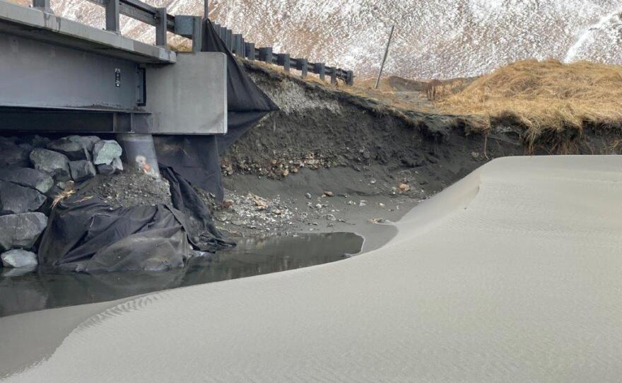 Storm damage to a bridge abutment along Unalaska's Summer Bay Road.