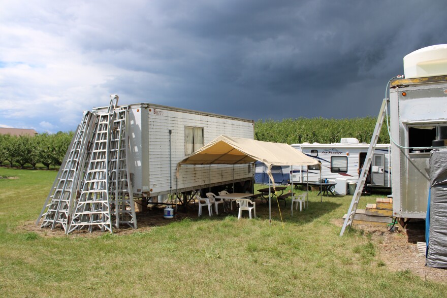 A cherry worker camp on the eastern shore of Flathead Lake on July 3, 2025. Camps like this are where migrant workers who come from Washington live for two weeks in July while they harvest cherries.