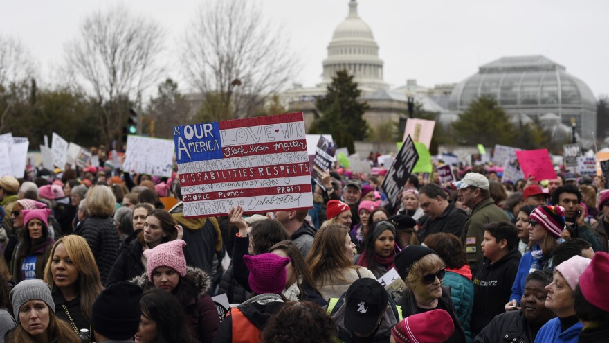 Participants gather near the National Mall in Washington, D.C., for the Women's March the day after President Trump's inauguration.