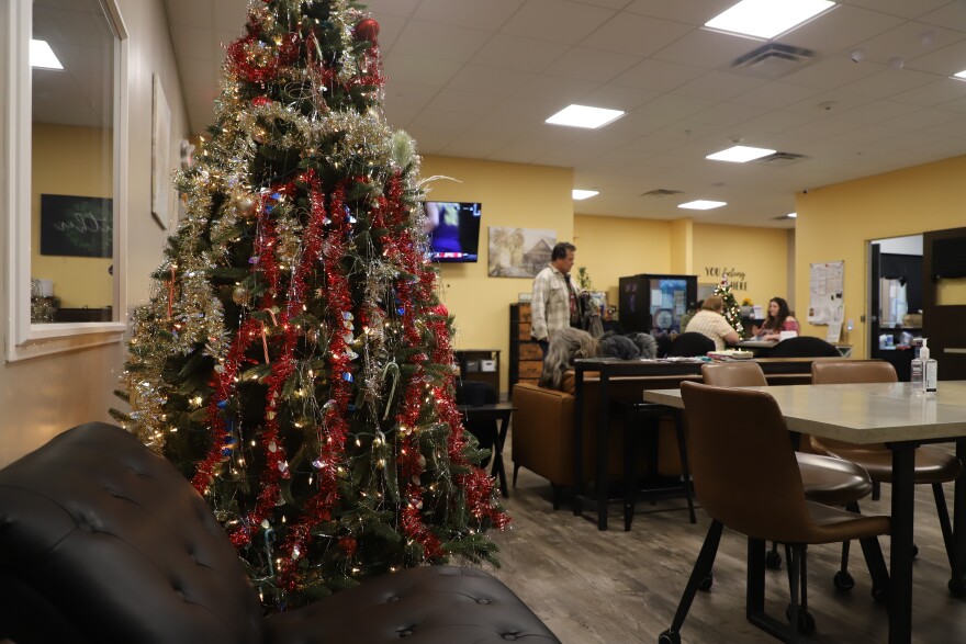 A Christmas tree complete with red and gold tinsel with residents of Homeward Bound in the background watching a basketball game and conversing. 