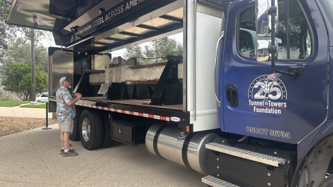 A steel beam recovered from the wreckage of the World Trade Center after 9/11 is on display at the Ronald Reagan Presidential Library in Simi Valley, as part of a national tour.