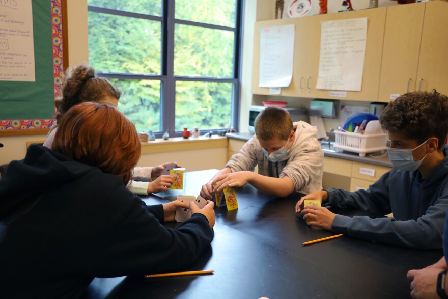 Alternative education students at Gorham Middle School play a game during class, which school social worker Brooke Proulx said is intended to help students build their collaboration skills with peers.