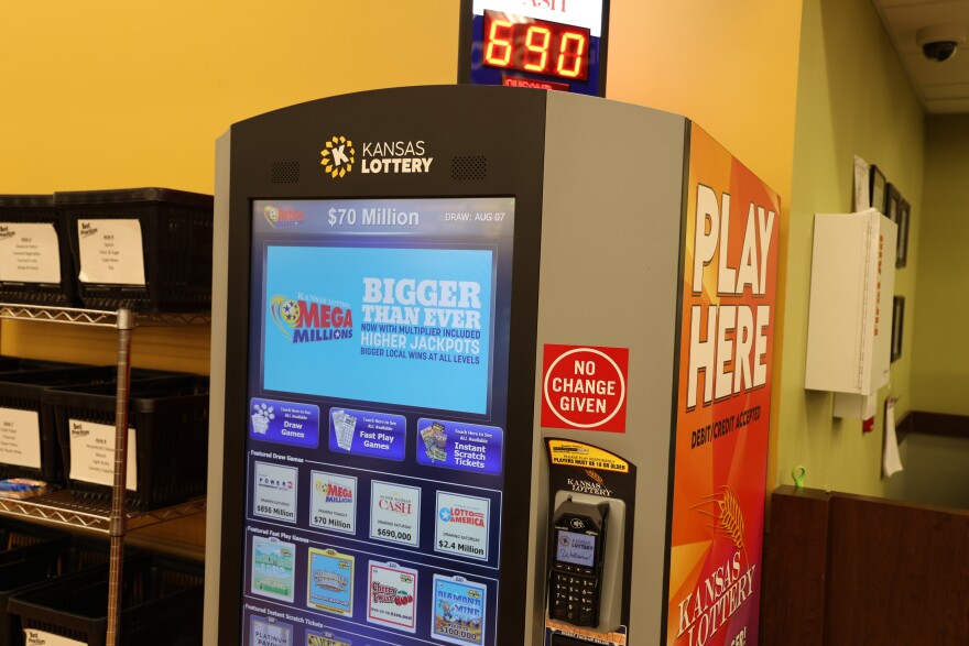 A lottery machine at Dillon's grocery store in Pittsburg, Kansas, sits by the checkout counters.