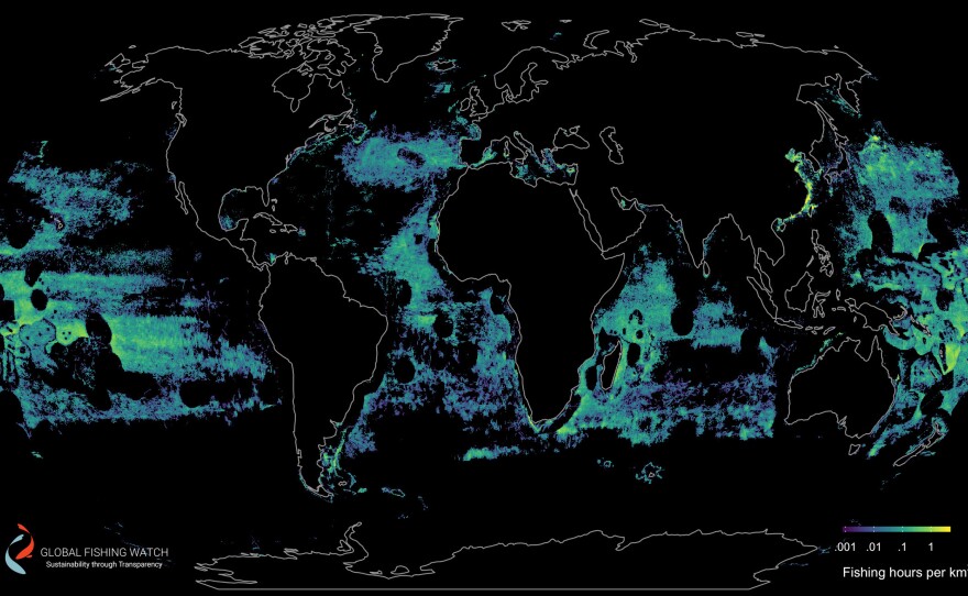 This map shows activity of fishing vessels that use drifting longlines. They roamed the high seas, especially in tropical latitudes.