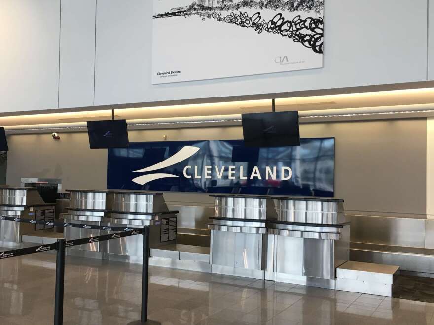 Flight and baggage information screens remain blank after several days. [Annie Wu / ideastream]