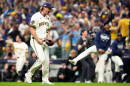 Milwaukee Brewers pitcher Trevor Megill celebrates their win in Game 1 of baseball's World Series, Friday, Oct. 23, 2026, in Milwaukee, between the Milwaukee Brewers and the Tampa Bay Rays.