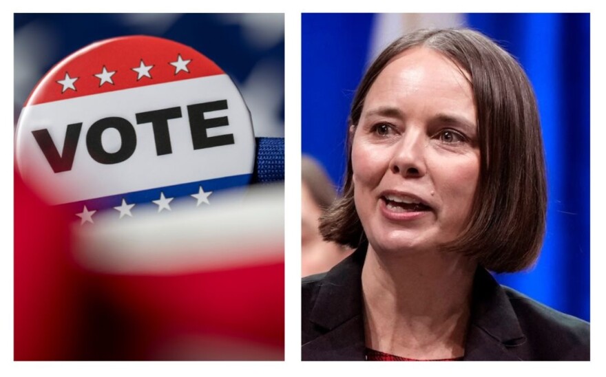 Vote button swathed in American flag color alongside headshot of Secretary of State Shenna Bellows