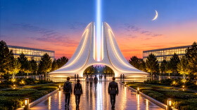 A rendering shows a large triangular tower with a bright beam of light coming out of the middle of it.