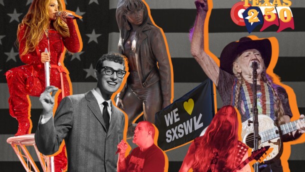 A collage of Texas musicians set over the American flag.