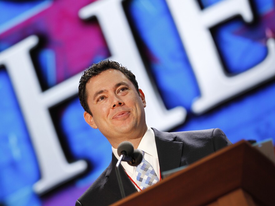 Utah Rep. Jason Chaffetz stands on the stage Saturday during preparation for the convention.
