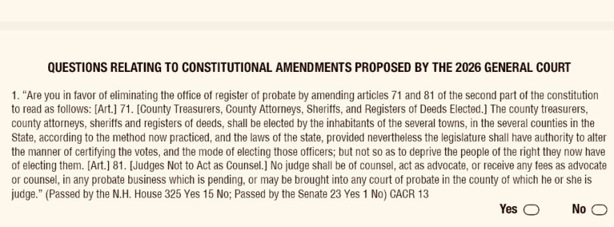 This question removing the register of probate will appear on the ballot statewide on Nov. 3. It requires 2/3rds of voters to pass.