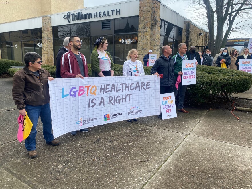 Trillium Health employees, patients and supporters stand outside center preparing to rally for 340-B Program.