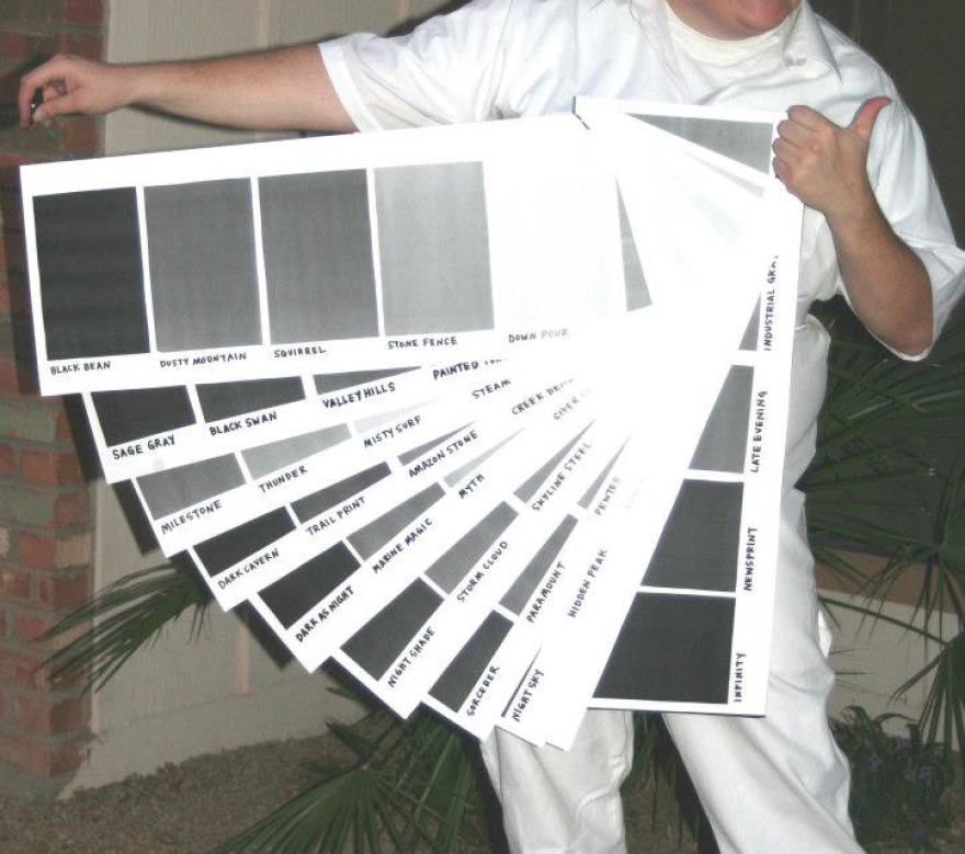 Costume featuring paint samples in shades of grey