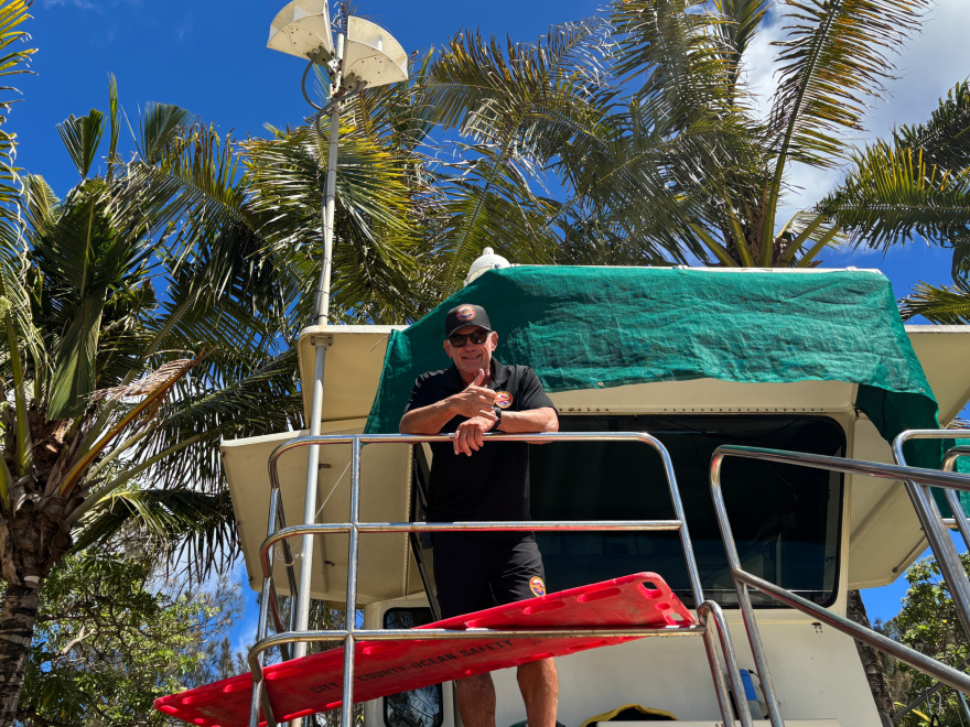 Kerry Atwood on his lifeguard tower at Waimea Beach on Oʻahu.