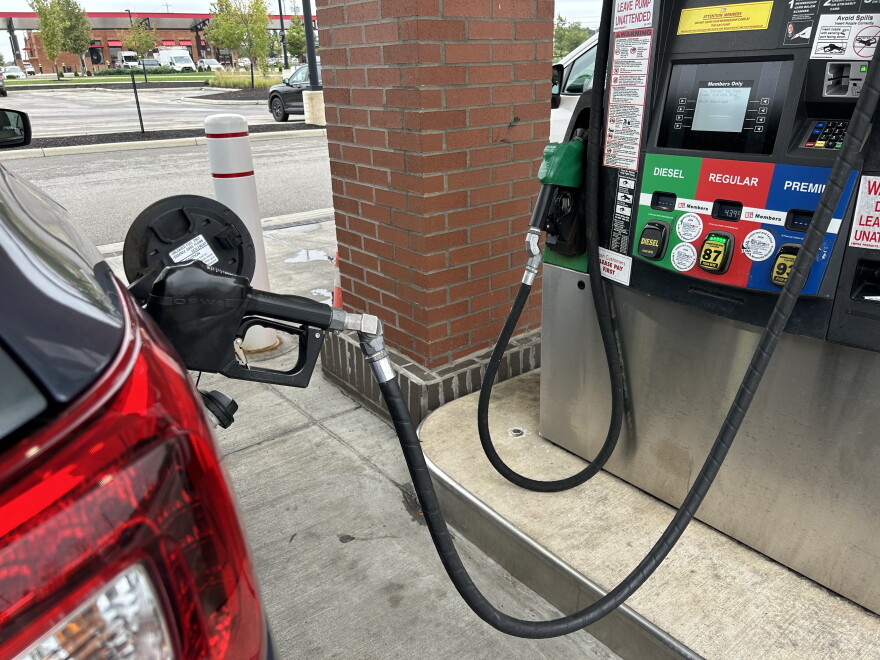 A gas pump dispenses gas north of Columbus, Ohio.