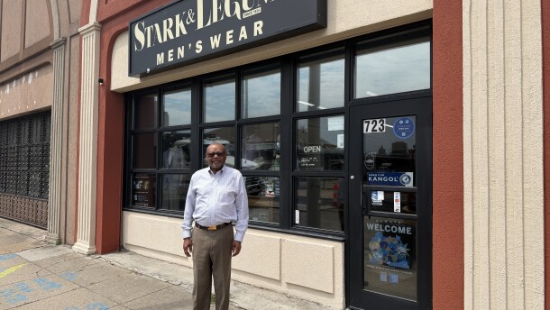 Michael Benton, owner of Stark and Legum, stands outside his storefront on Granby Street in Norfolk. Benton says a new city grant program is only a temporary fix for NEON District businesses.