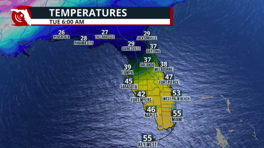 Map shows low temperatures across the state