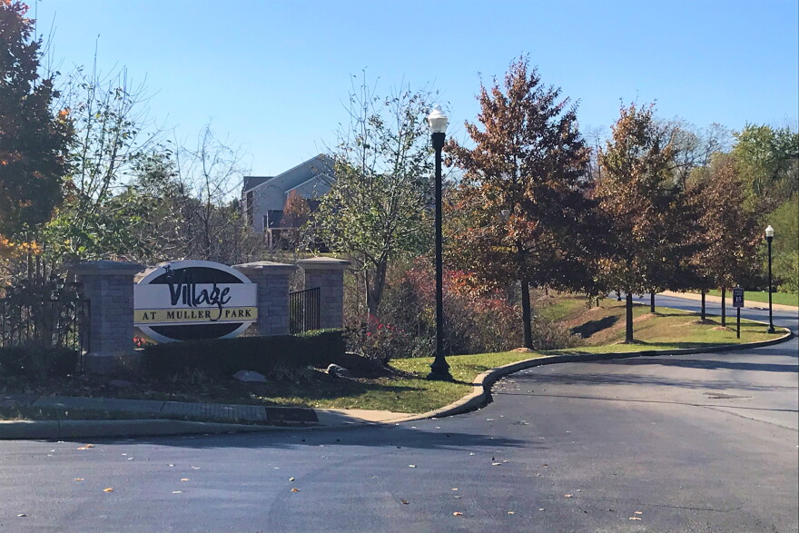 The entrance to The Village at Muller Park, a Bloomington student housing apartment complex.