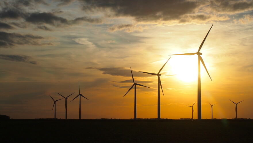 Wind turbines at dusk