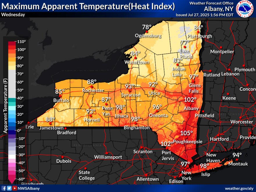 This map of New York State describes real-feel temperatures on Wednesday, July 30th. The apparent temperature for Buffalo will be 85 degrees. 