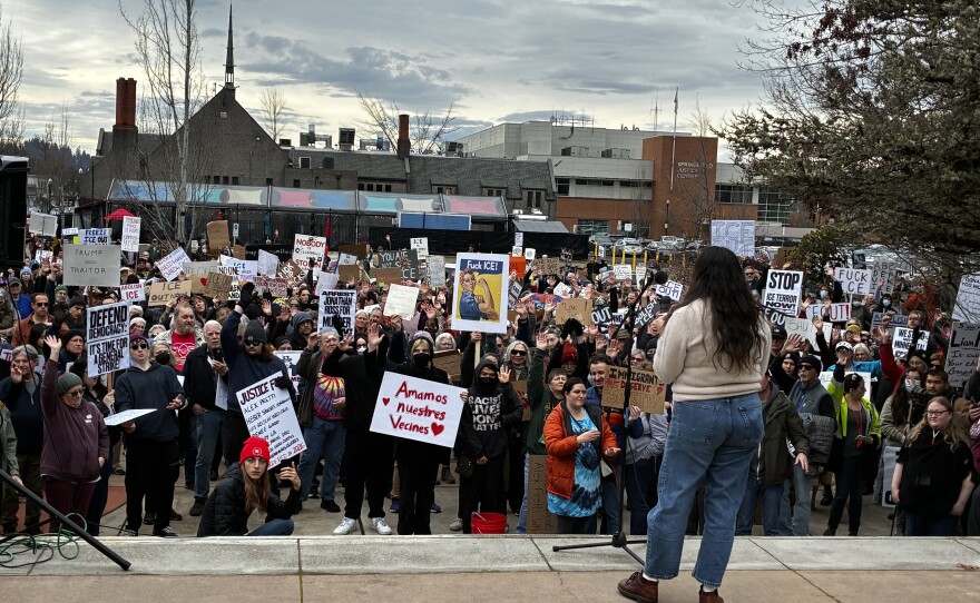 A speaker addresses a protest at Springfield City Hall on Friday, Jan. 30, 2026.